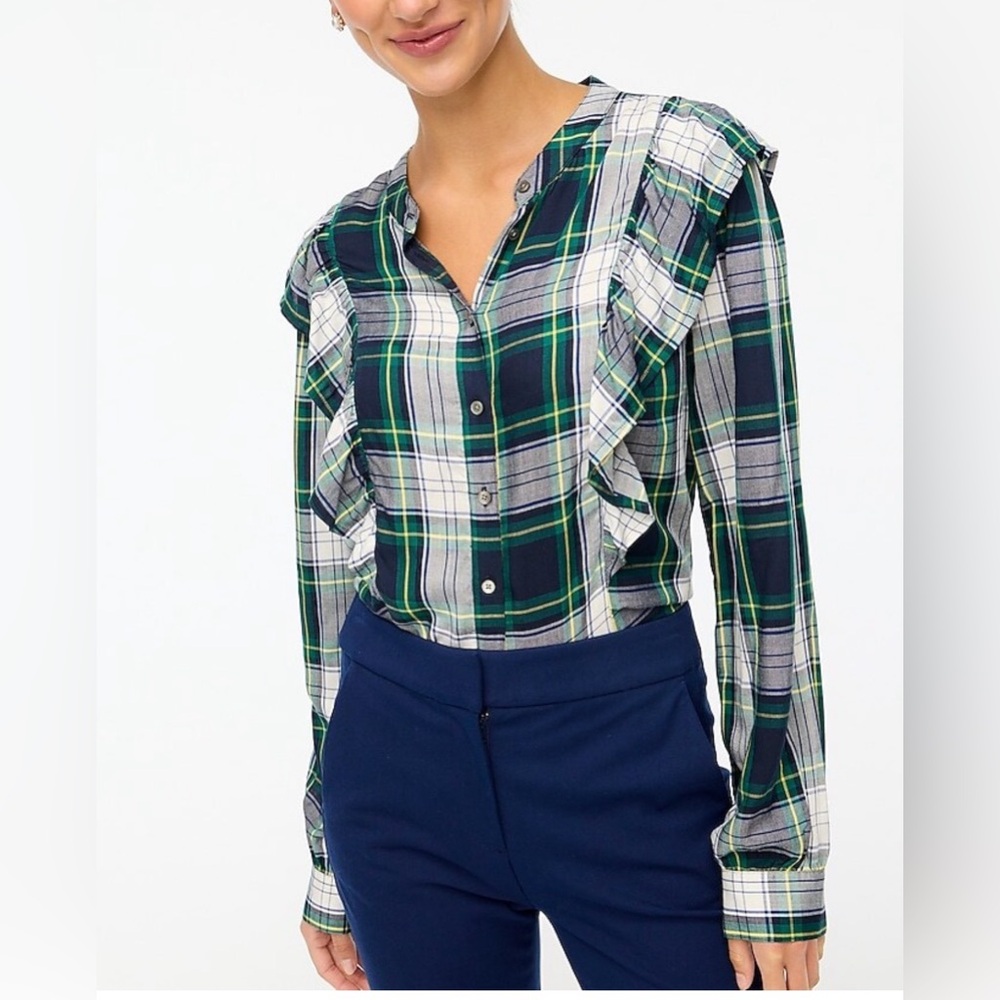 J. Crew Factory Plaid Ruffle Blouse XS Preppy Cottagecore Academic Chic Hertiage